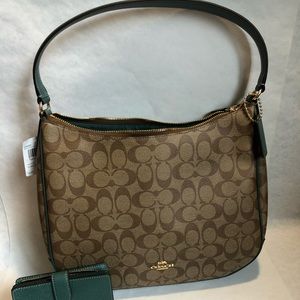 Coach Signature Brown/Dark Teal Zip Shoulder Bag